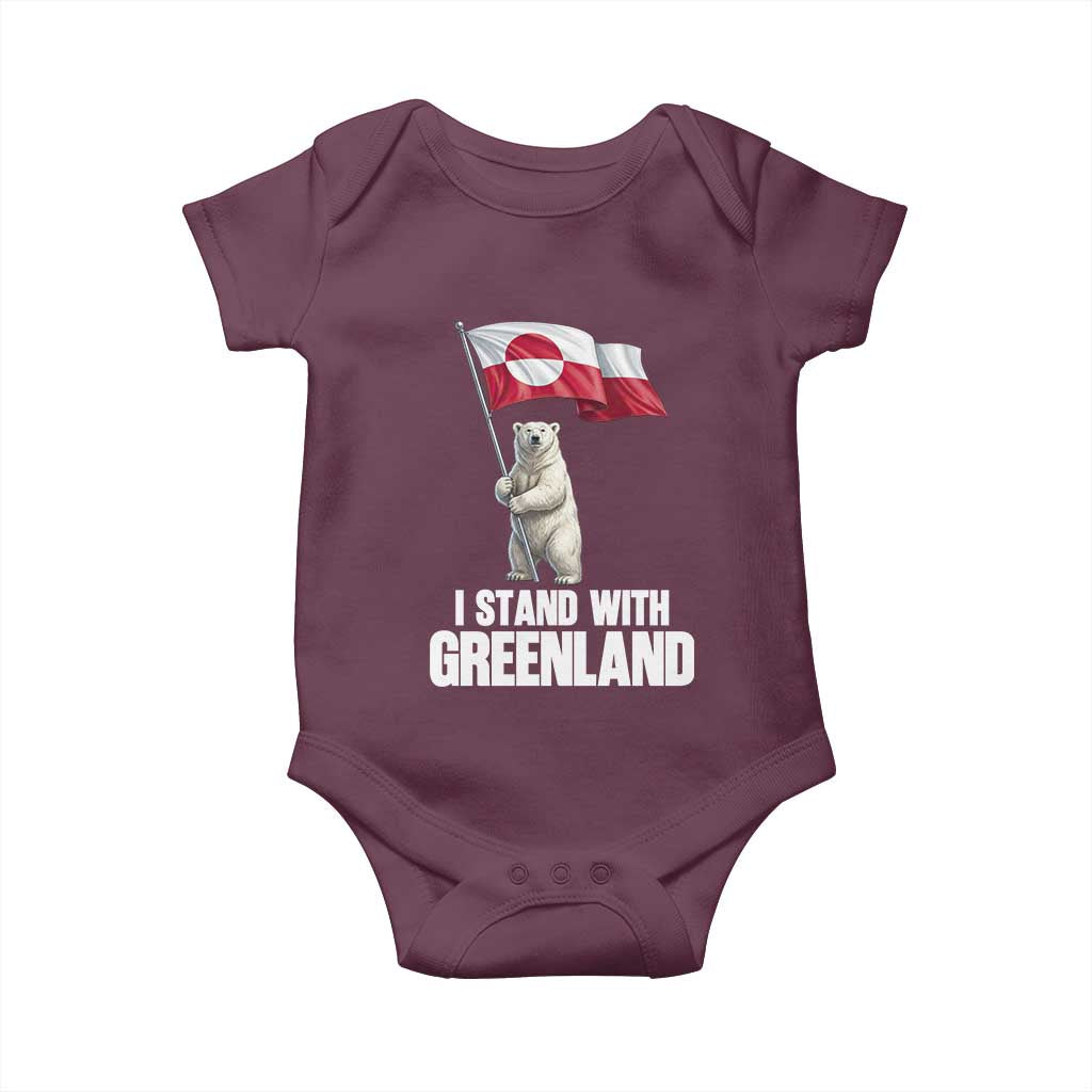 I Stand With Greenland Baby Onesie Cute Polar Bear Holding Flag Political Support TS02 Maroon Print Your Wear