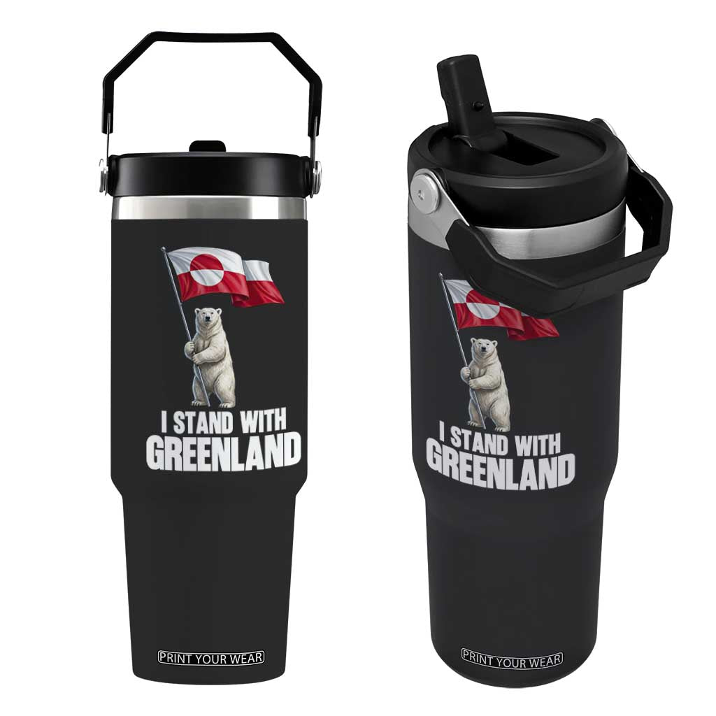 I Stand With Greenland Flip Straw Tumbler Cute Polar Bear Holding Flag Political Support TS02 One Size: 30 oz Black Print Your Wear