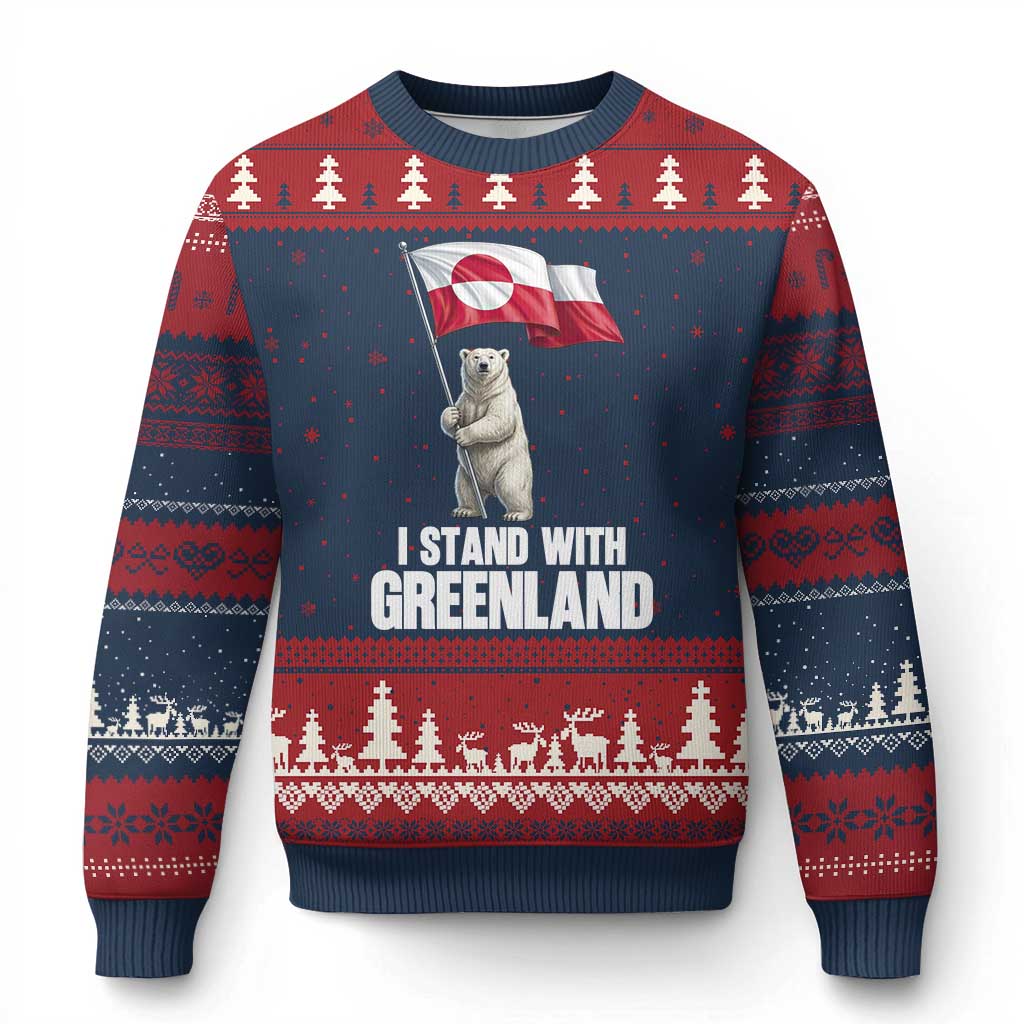 I Stand With Greenland Ugly Christmas Sweater Cute Polar Bear Holding Flag Political Support TS02 Navy Red Print Your Wear