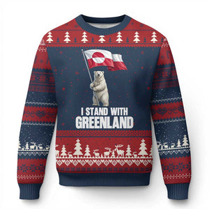 I Stand With Greenland Ugly Christmas Sweater Cute Polar Bear Holding Flag Political Support TS02 Navy Red Print Your Wear