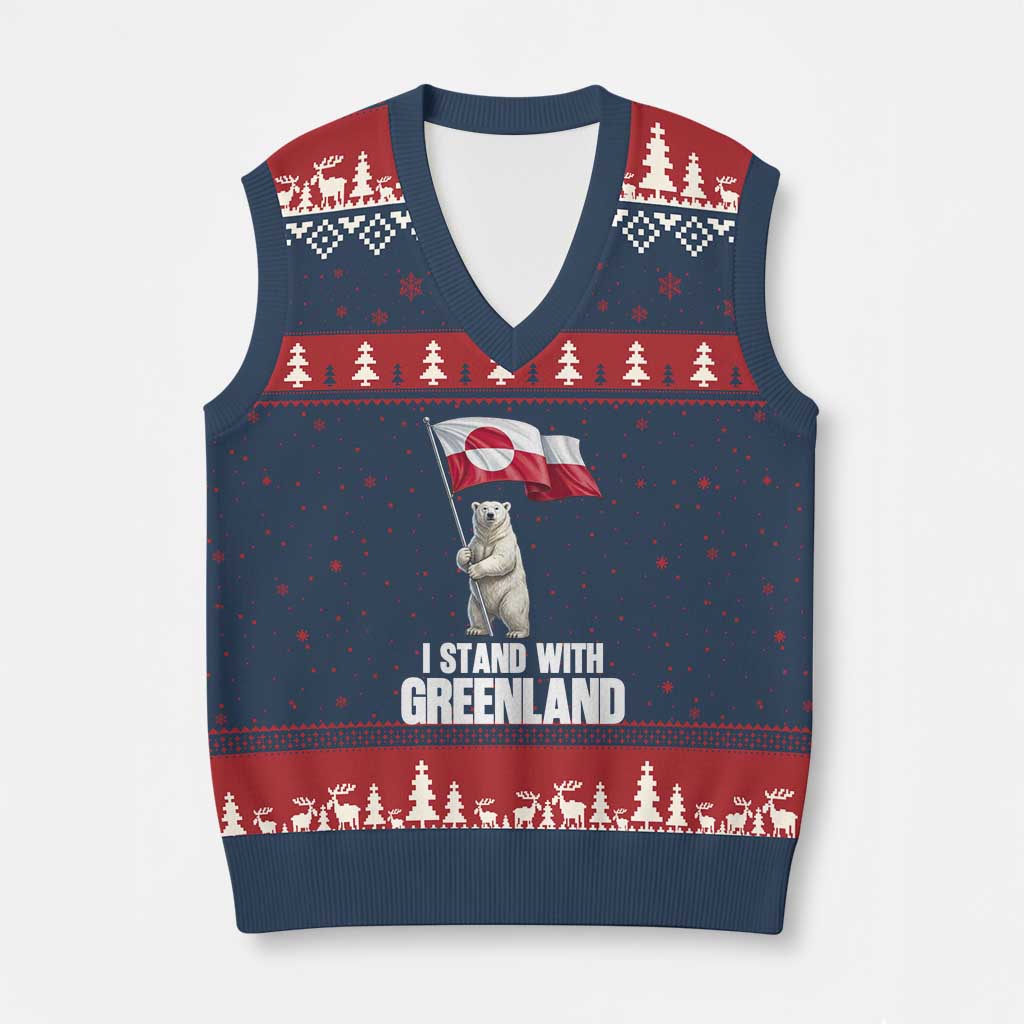 I Stand With Greenland V-Neck Knit Sweater Vest Cute Polar Bear Holding Flag Political Support TS02 Navy Red Print Your Wear