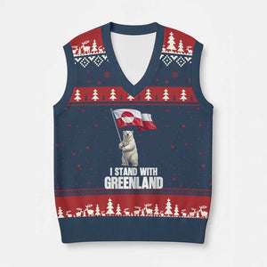 I Stand With Greenland V-Neck Knit Sweater Vest Cute Polar Bear Holding Flag Political Support TS02 Navy Red Print Your Wear