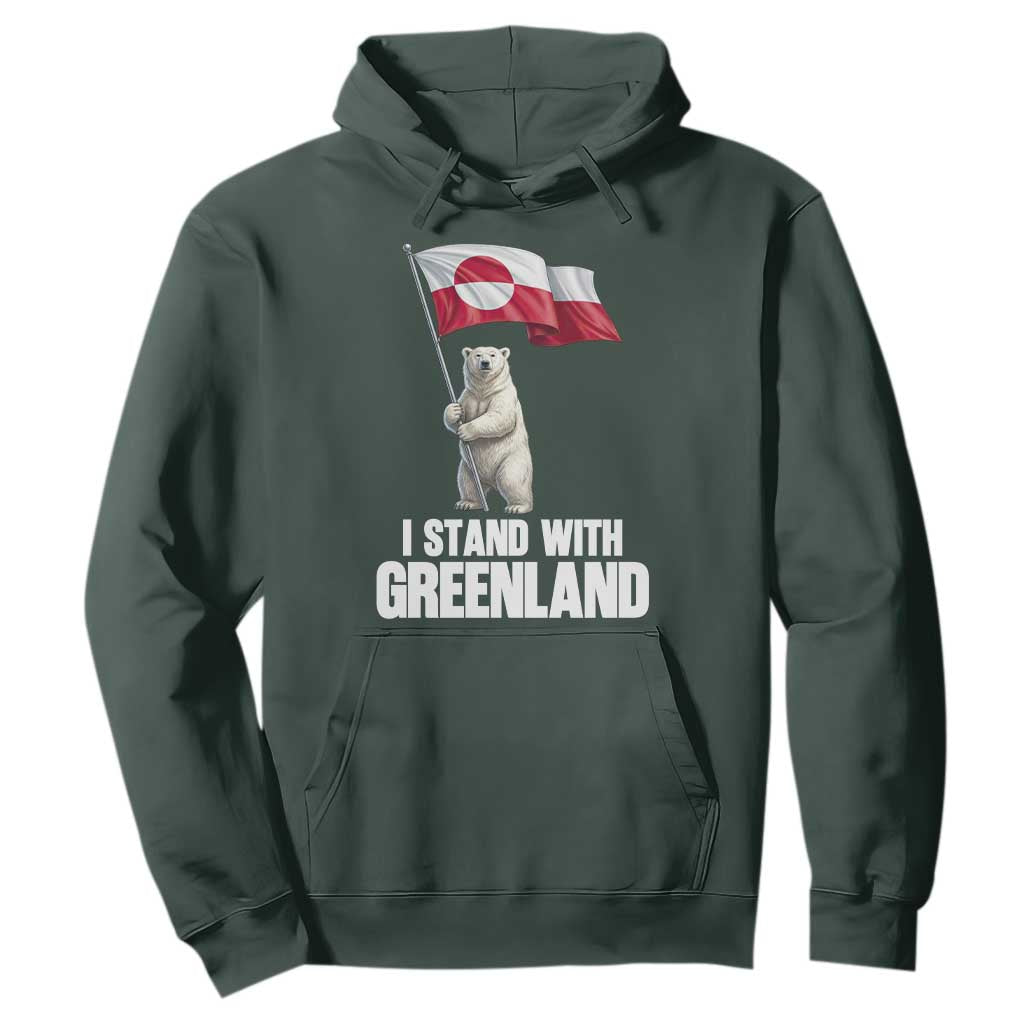 I Stand With Greenland Hoodie Cute Polar Bear Holding Flag Political Support TS02 Dark Forest Green Print Your Wear