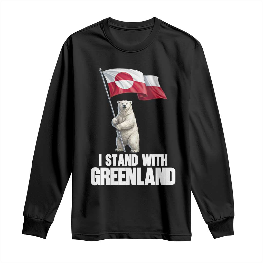 I Stand With Greenland Long Sleeve Shirt Cute Polar Bear Holding Flag Political Support TS02 Black Print Your Wear