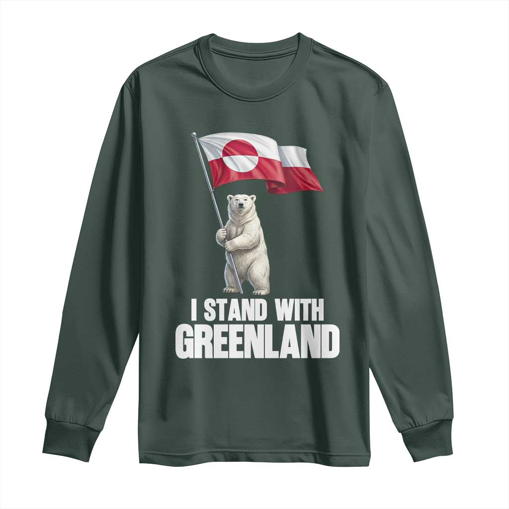 I Stand With Greenland Long Sleeve Shirt Cute Polar Bear Holding Flag Political Support TS02 Dark Forest Green Print Your Wear