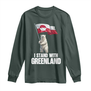 I Stand With Greenland Long Sleeve Shirt Cute Polar Bear Holding Flag Political Support TS02 Dark Forest Green Print Your Wear