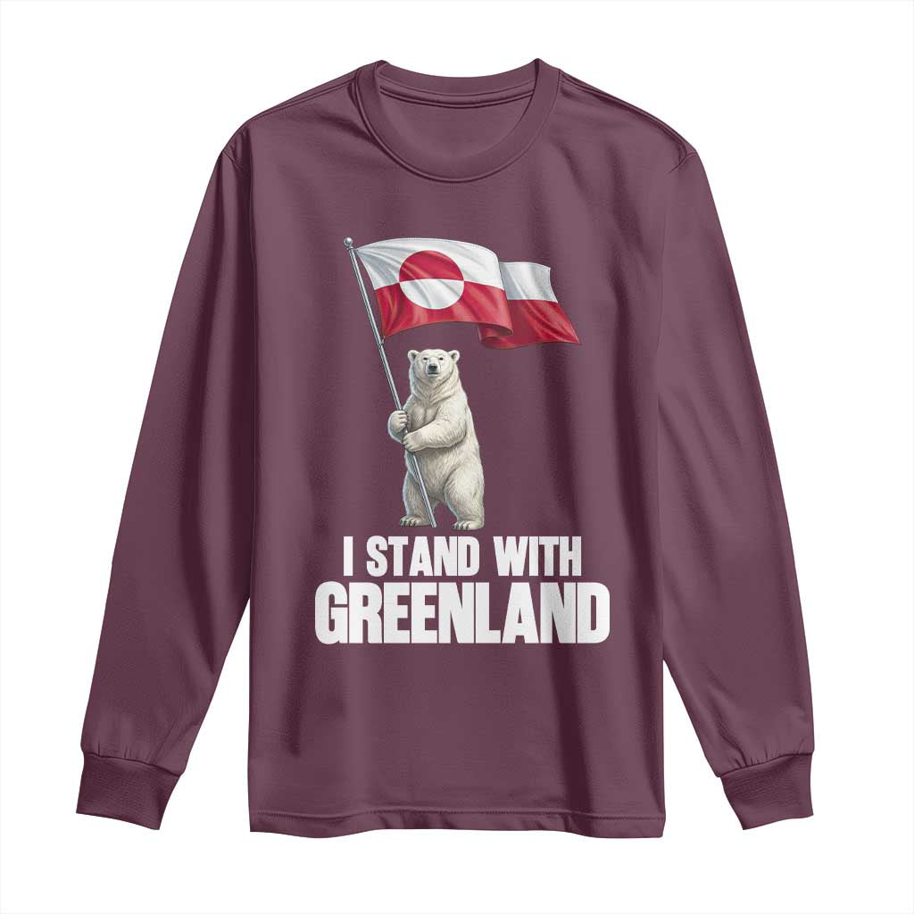 I Stand With Greenland Long Sleeve Shirt Cute Polar Bear Holding Flag Political Support TS02 Maroon Print Your Wear