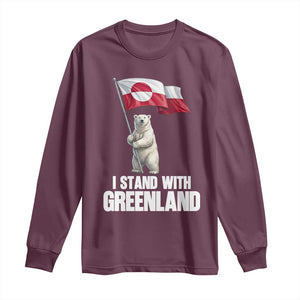 I Stand With Greenland Long Sleeve Shirt Cute Polar Bear Holding Flag Political Support TS02 Maroon Print Your Wear