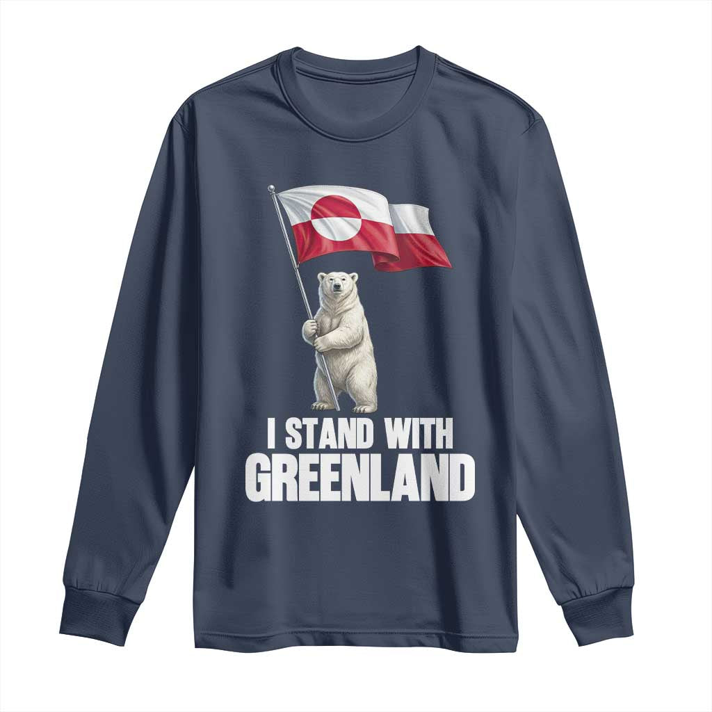 I Stand With Greenland Long Sleeve Shirt Cute Polar Bear Holding Flag Political Support TS02 Navy Print Your Wear