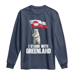 I Stand With Greenland Long Sleeve Shirt Cute Polar Bear Holding Flag Political Support TS02 Navy Print Your Wear