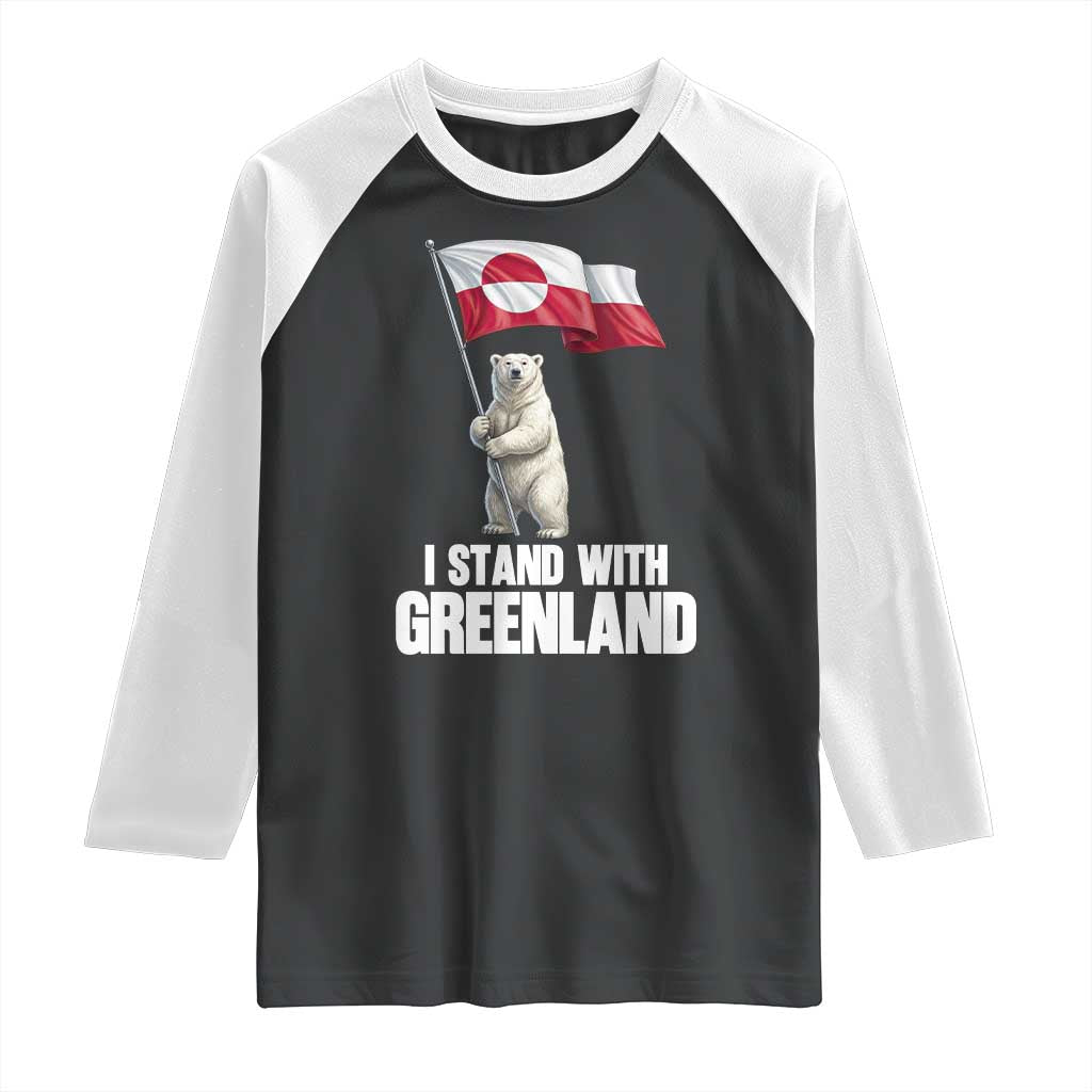 I Stand With Greenland Raglan Shirt Cute Polar Bear Holding Flag Political Support TS02 Black White Print Your Wear