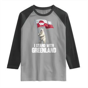 I Stand With Greenland Raglan Shirt Cute Polar Bear Holding Flag Political Support TS02 Sport Gray Black Print Your Wear