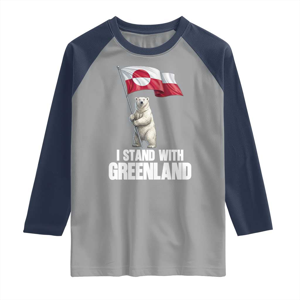I Stand With Greenland Raglan Shirt Cute Polar Bear Holding Flag Political Support TS02 Sport Gray Navy Print Your Wear