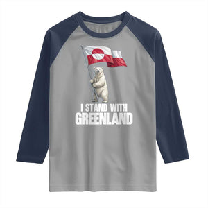 I Stand With Greenland Raglan Shirt Cute Polar Bear Holding Flag Political Support TS02 Sport Gray Navy Print Your Wear