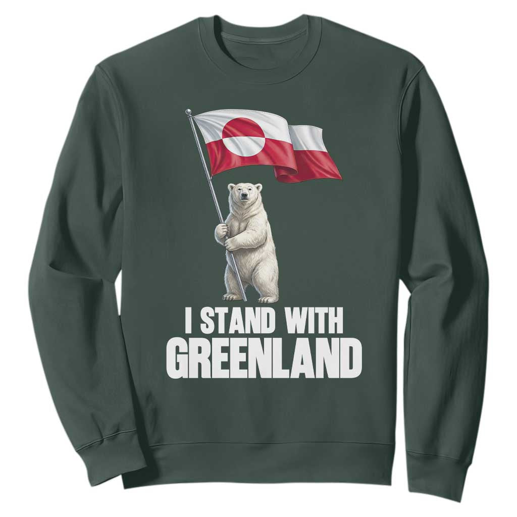 I Stand With Greenland Sweatshirt Cute Polar Bear Holding Flag Political Support TS02 Dark Forest Green Print Your Wear