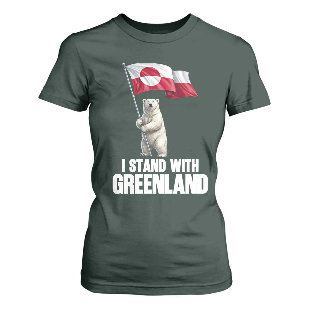 I Stand With Greenland T Shirt For Women Cute Polar Bear Holding Flag Political Support TS02 Dark Forest Green Print Your Wear