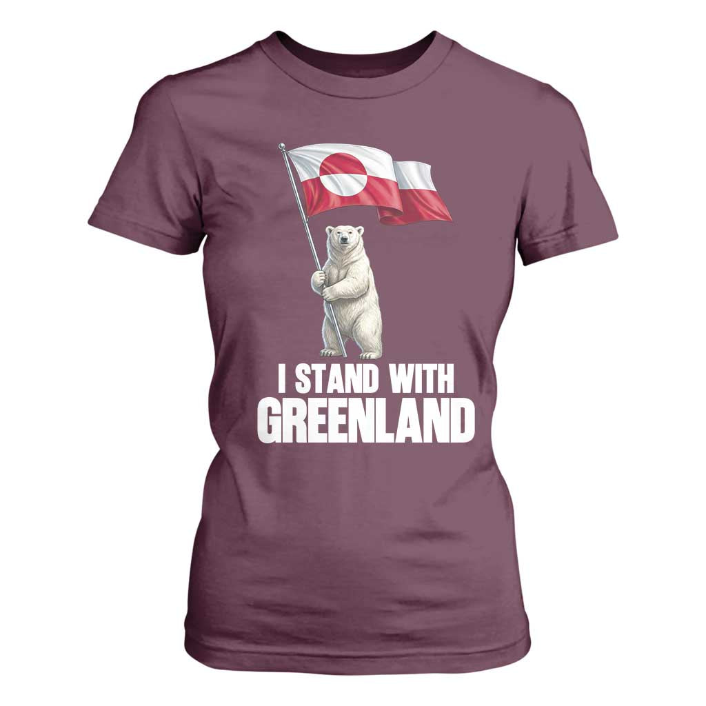 I Stand With Greenland T Shirt For Women Cute Polar Bear Holding Flag Political Support TS02 Maroon Print Your Wear