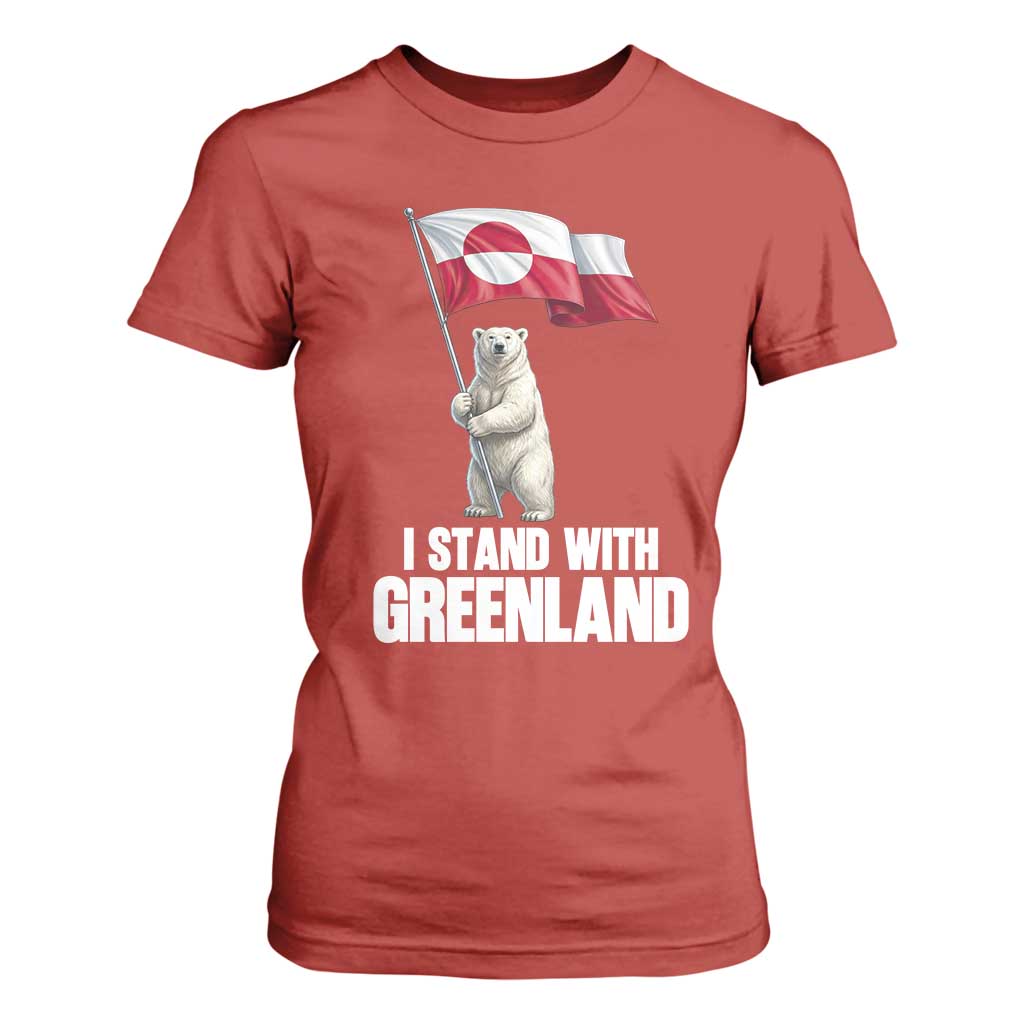 I Stand With Greenland T Shirt For Women Cute Polar Bear Holding Flag Political Support TS02 Red Print Your Wear