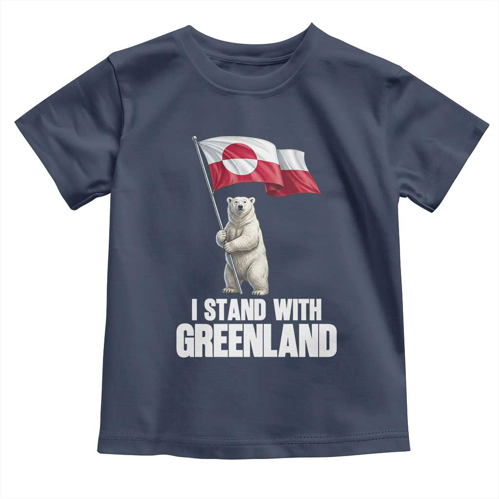 I Stand With Greenland Toddler T Shirt Cute Polar Bear Holding Flag Political Support TS02 Navy Print Your Wear