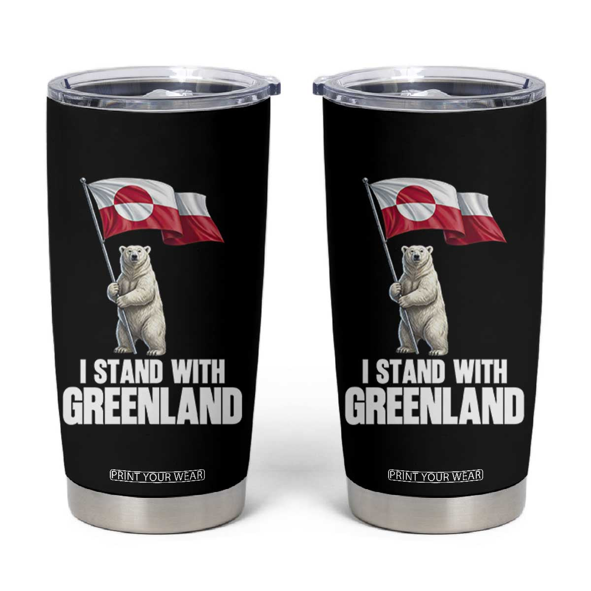 I Stand With Greenland Tumbler Cup Cute Polar Bear Holding Flag Political Support TS02 Black Print Your Wear