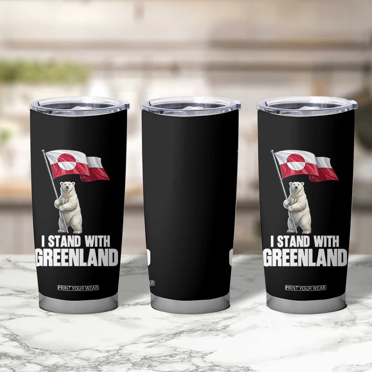 I Stand With Greenland Tumbler Cup Cute Polar Bear Holding Flag Political Support TS02 Print Your Wear