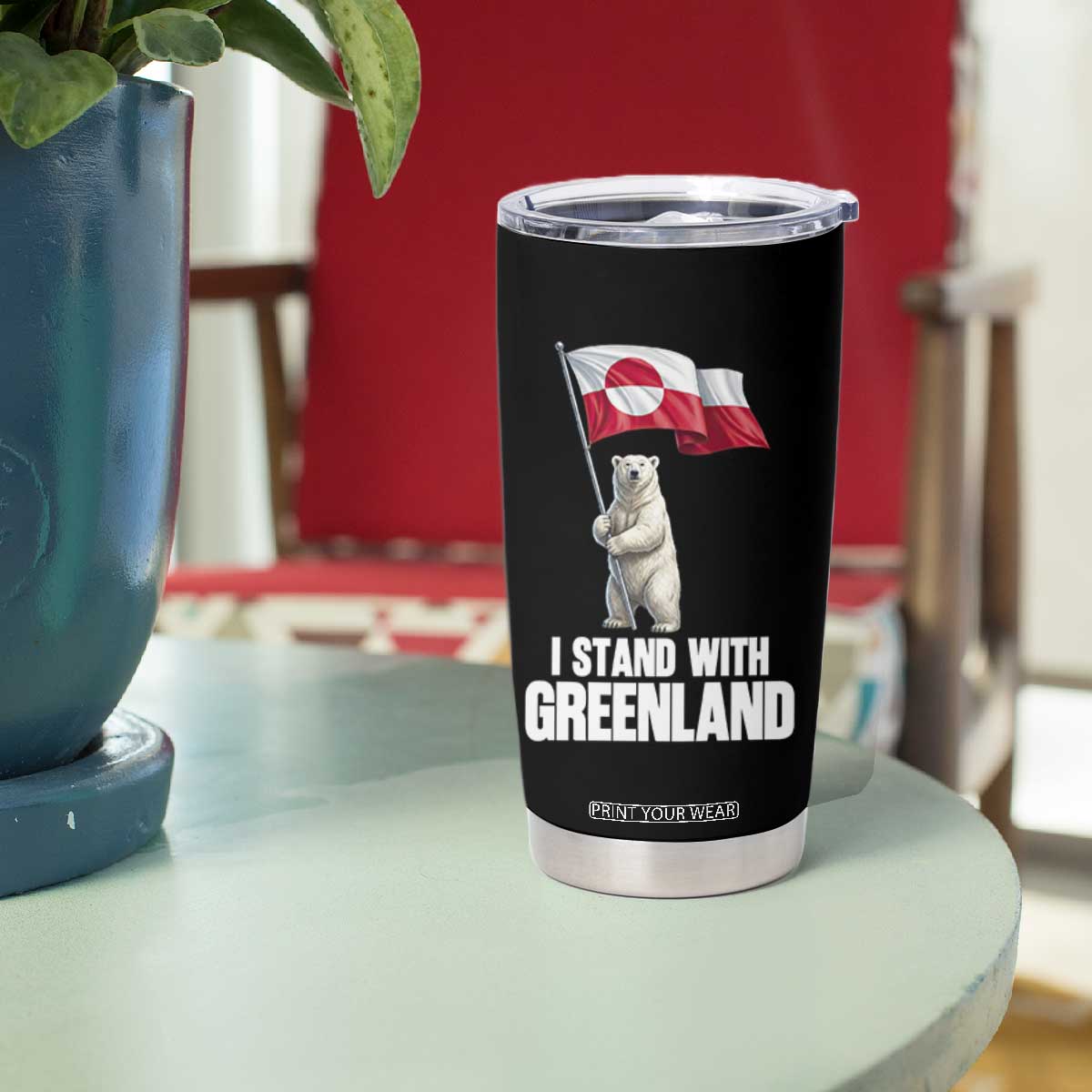 I Stand With Greenland Tumbler Cup Cute Polar Bear Holding Flag Political Support TS02 Print Your Wear