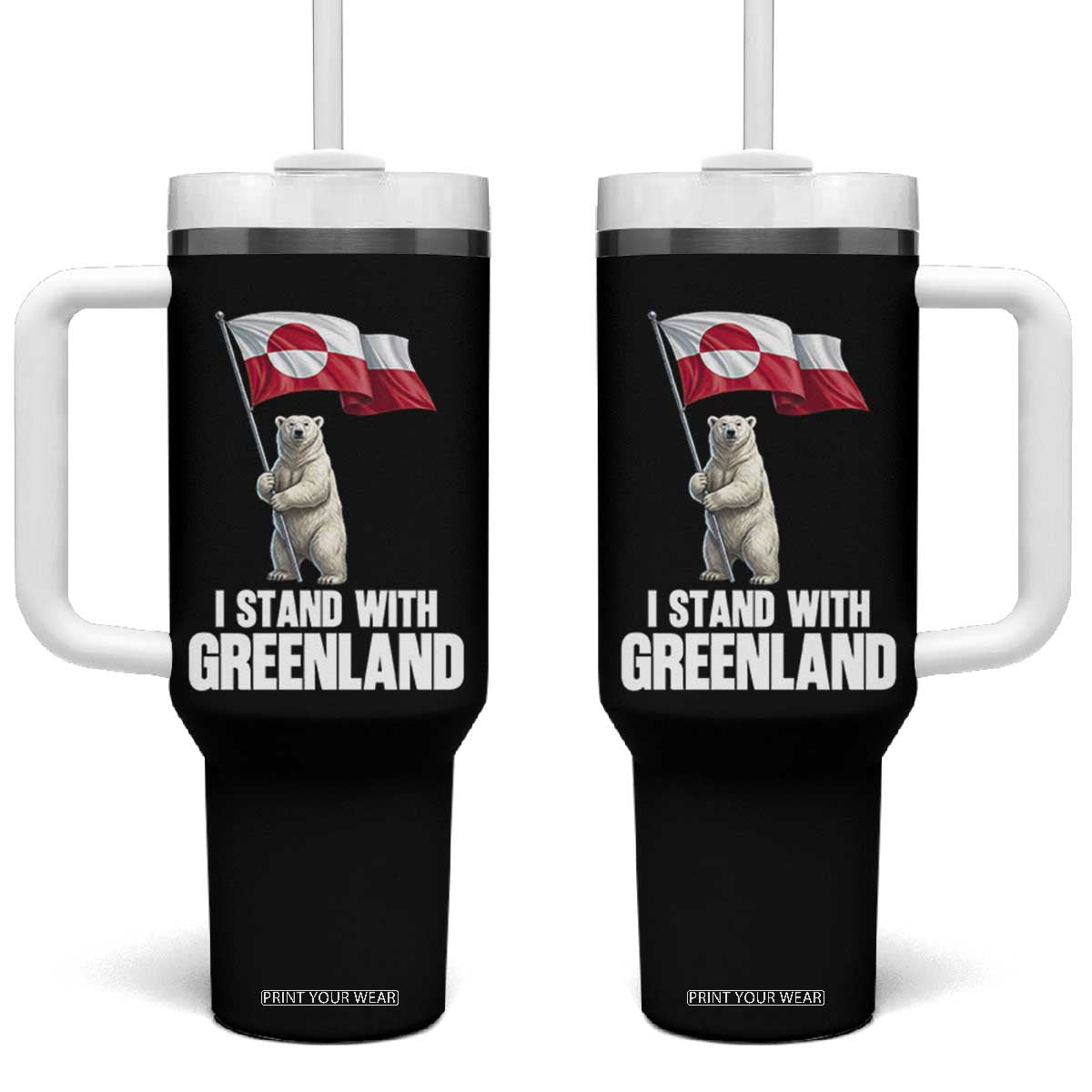 I Stand With Greenland Tumbler With Handle Cute Polar Bear Holding Flag Political Support TS02 One Size: 40 oz Black Print Your Wear