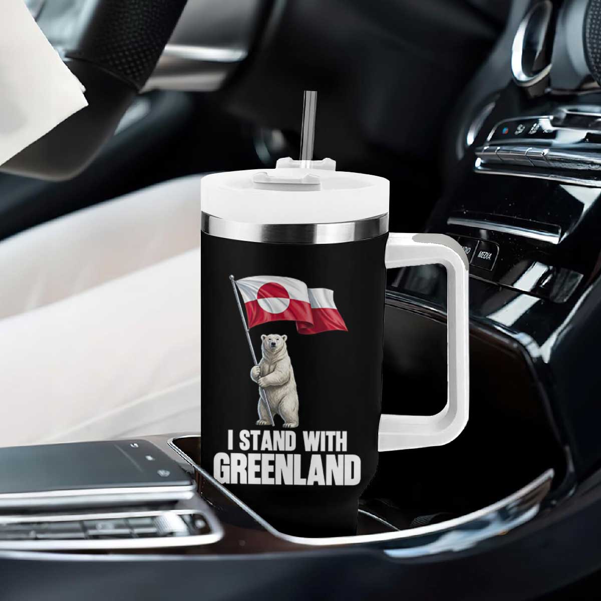 I Stand With Greenland Tumbler With Handle Cute Polar Bear Holding Flag Political Support TS02 Print Your Wear