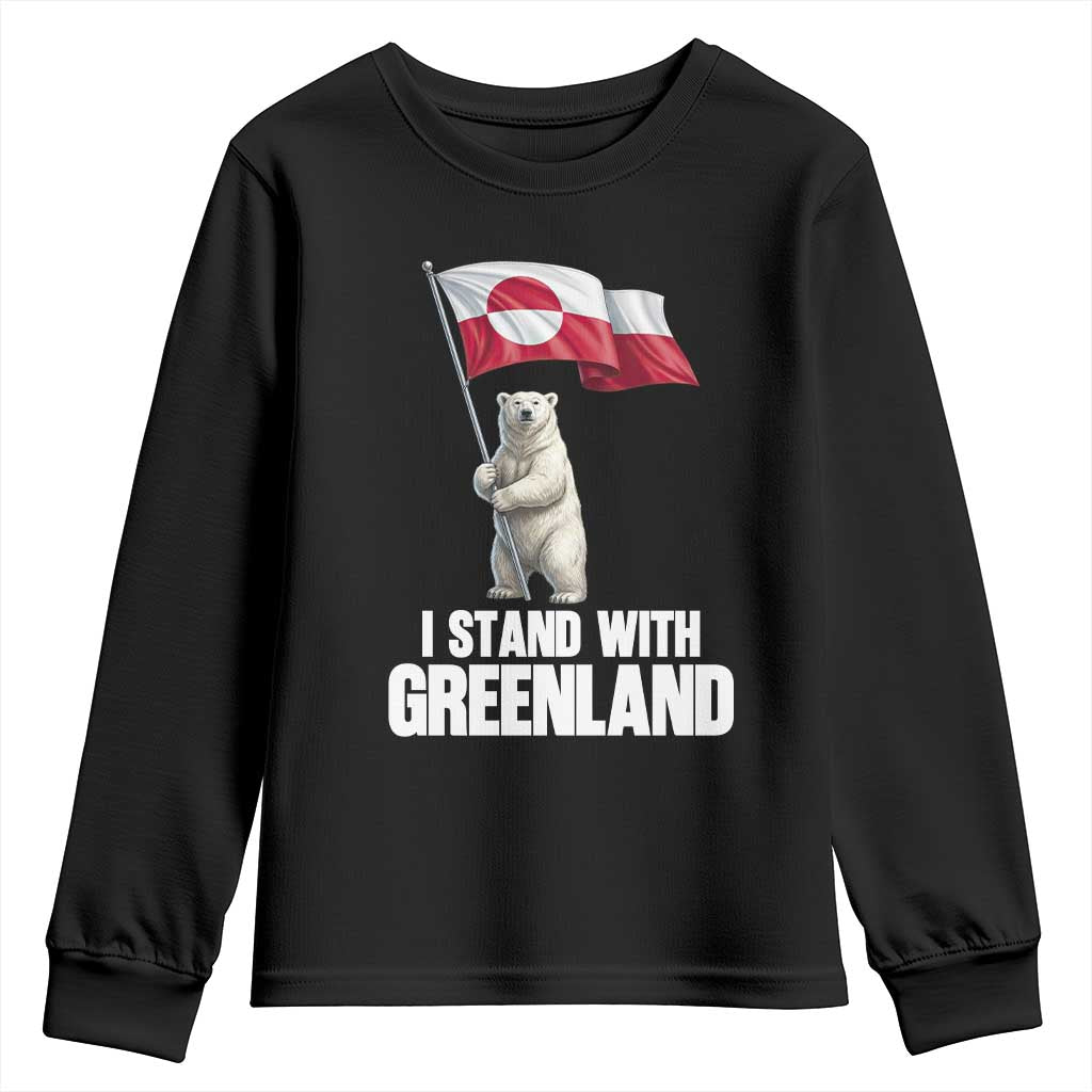 I Stand With Greenland Youth Sweatshirt Cute Polar Bear Holding Flag Political Support TS02 Black Print Your Wear