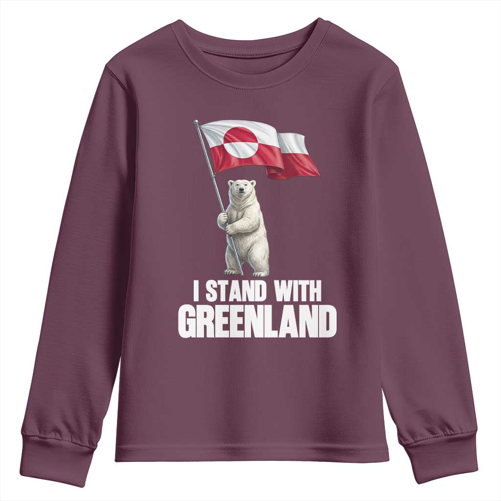 I Stand With Greenland Youth Sweatshirt Cute Polar Bear Holding Flag Political Support TS02 Maroon Print Your Wear