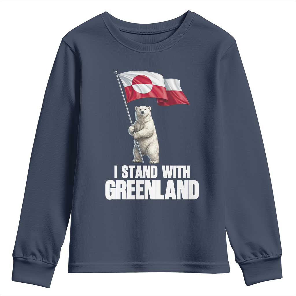 I Stand With Greenland Youth Sweatshirt Cute Polar Bear Holding Flag Political Support TS02 Navy Print Your Wear