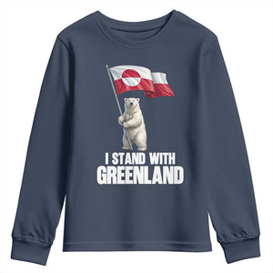 I Stand With Greenland Youth Sweatshirt Cute Polar Bear Holding Flag Political Support TS02 Navy Print Your Wear