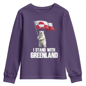 I Stand With Greenland Youth Sweatshirt Cute Polar Bear Holding Flag Political Support TS02 Purple Print Your Wear