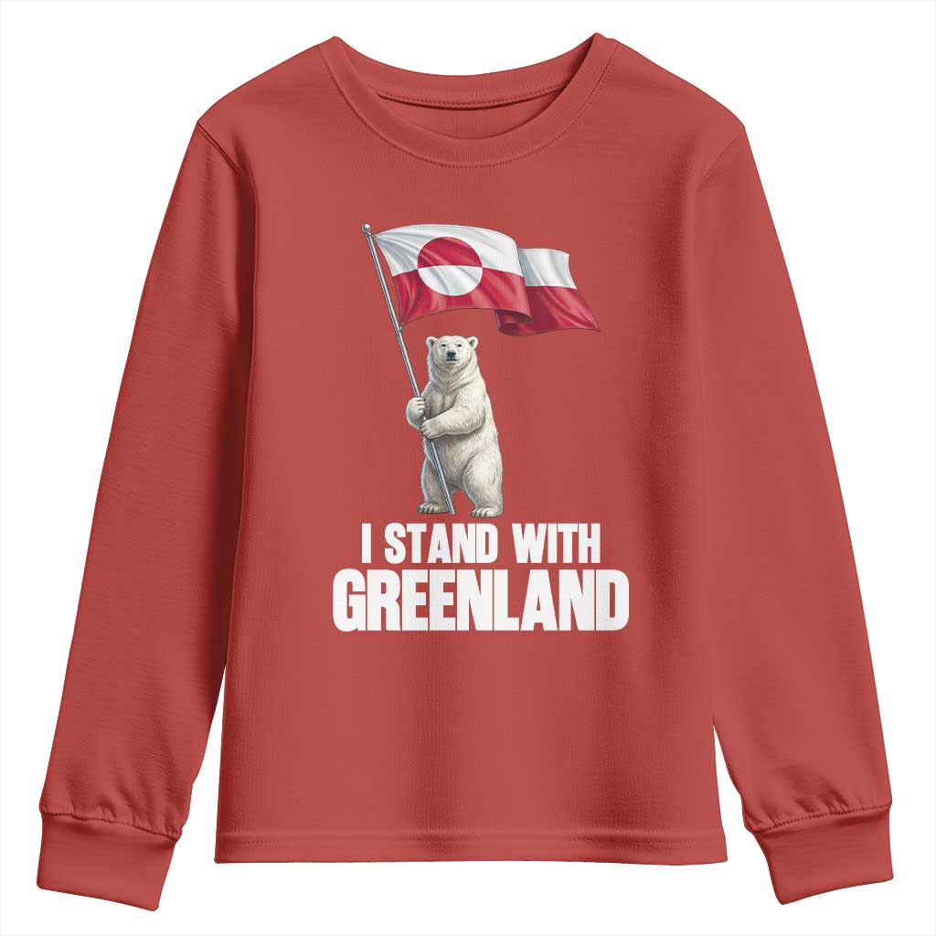 I Stand With Greenland Youth Sweatshirt Cute Polar Bear Holding Flag Political Support TS02 Red Print Your Wear