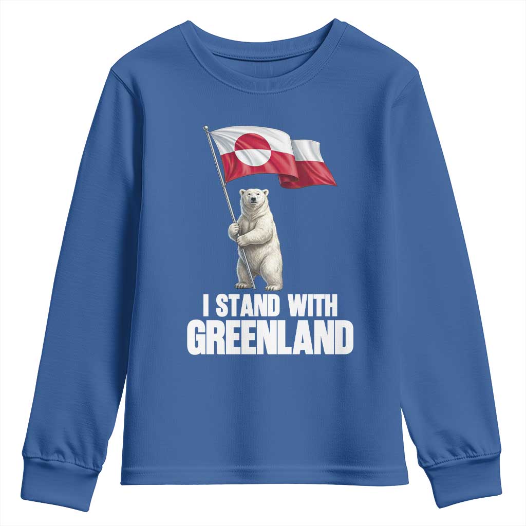 I Stand With Greenland Youth Sweatshirt Cute Polar Bear Holding Flag Political Support TS02 Royal Blue Print Your Wear