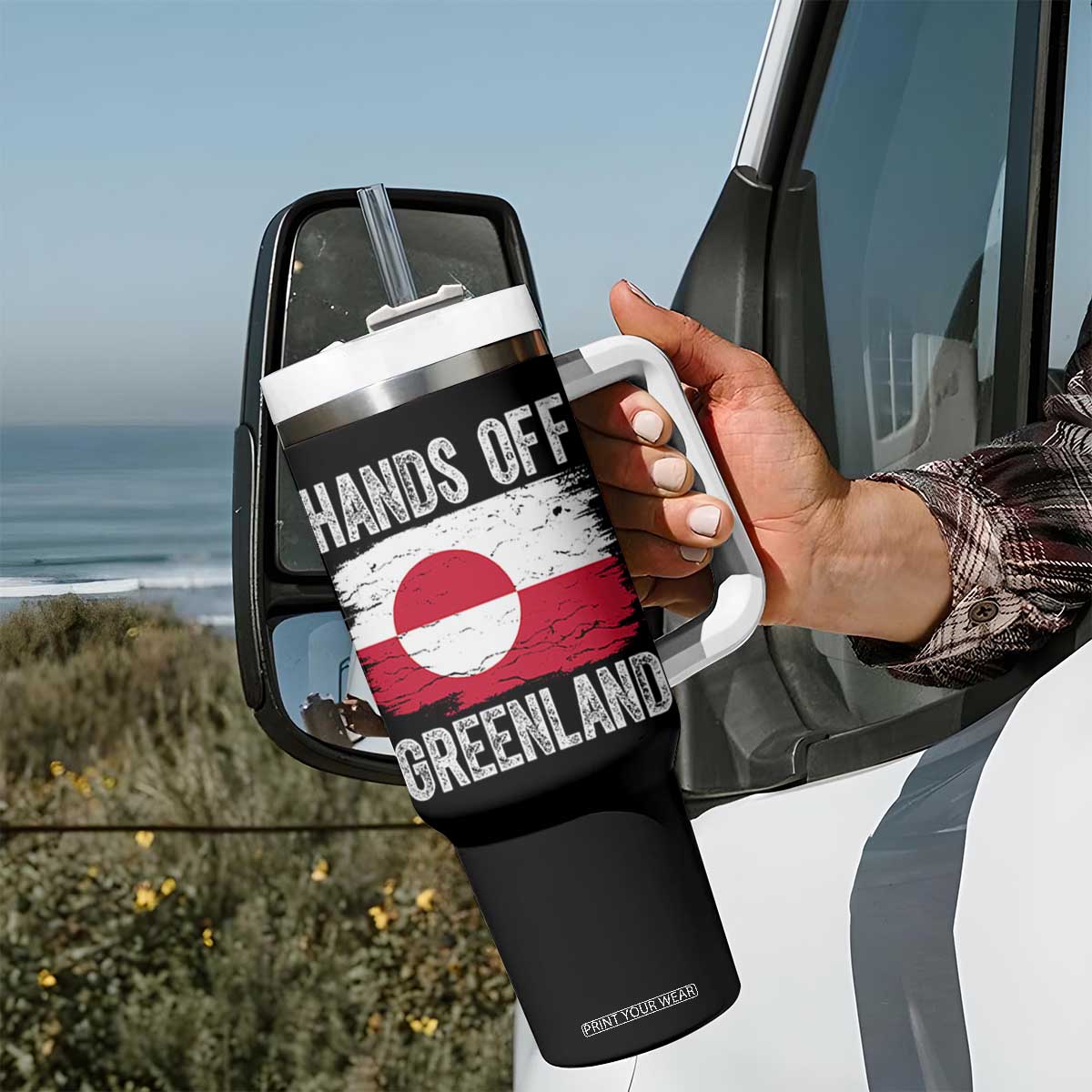 Hands Off Greenland Tumbler With Handle Distressed Flag Resist Political Protest TS02 Print Your Wear