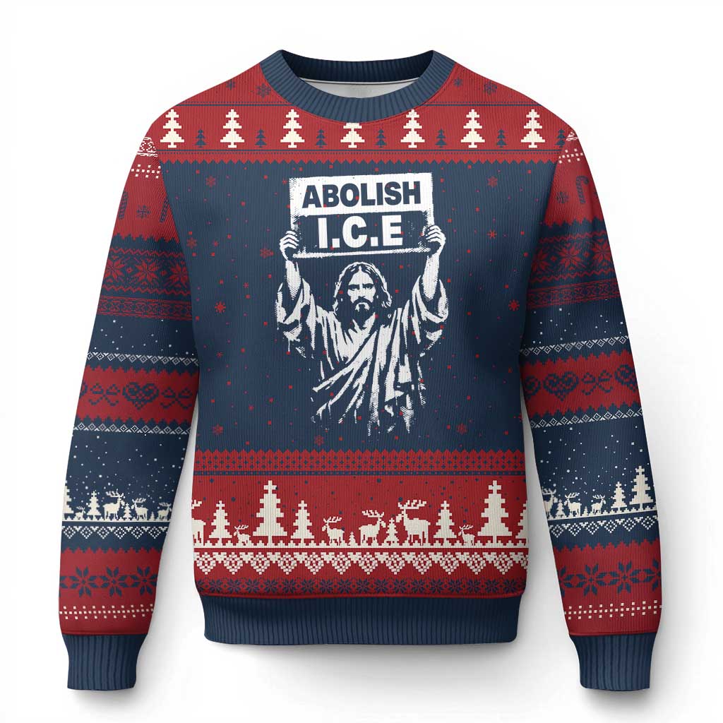 Jesus Abolish Ice Protest Ugly Christmas Sweater Religious Faith Justice and Freedom Resistance TS02 Navy Red Print Your Wear