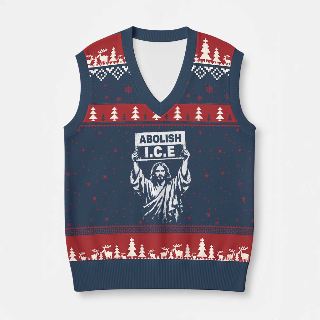 Jesus Abolish Ice Protest V-Neck Knit Sweater Vest Religious Faith Justice and Freedom Resistance TS02 Navy Red Print Your Wear