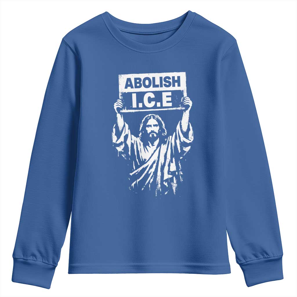 Jesus Abolish Ice Protest Youth Sweatshirt Religious Faith Justice and Freedom Resistance TS02 Royal Blue Print Your Wear
