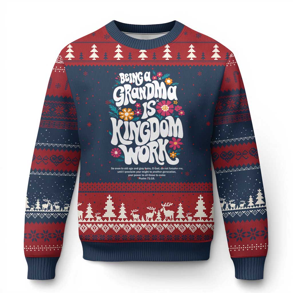 Floral Scripture for Grandmother Ugly Christmas Sweater Being a Grandma is Kingdom Work Christian Faith Inpired TS02 Navy Red Print Your Wear