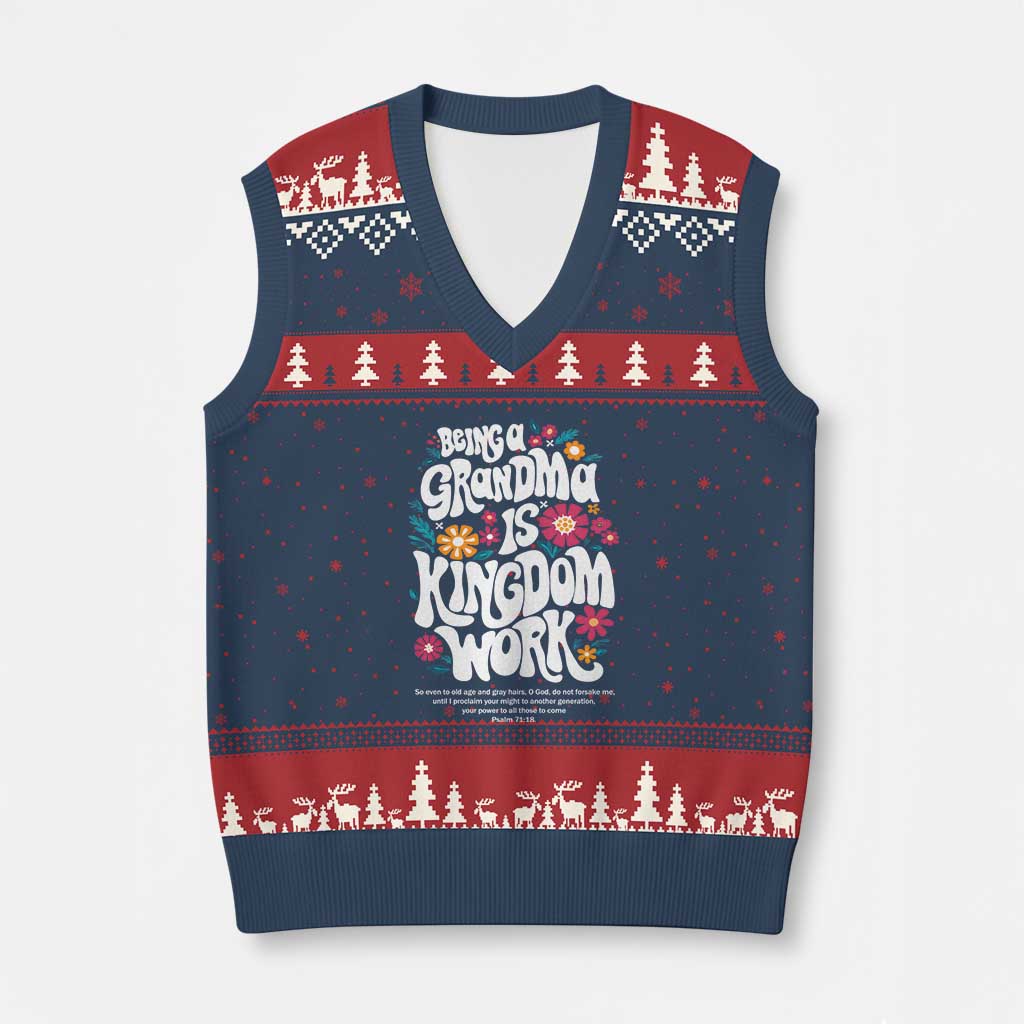 Floral Scripture for Grandmother V-Neck Knit Sweater Vest Being a Grandma is Kingdom Work Christian Faith Inpired TS02 Navy Red Print Your Wear