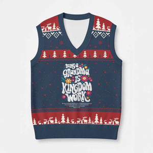 Floral Scripture for Grandmother V-Neck Knit Sweater Vest Being a Grandma is Kingdom Work Christian Faith Inpired TS02 Navy Red Print Your Wear
