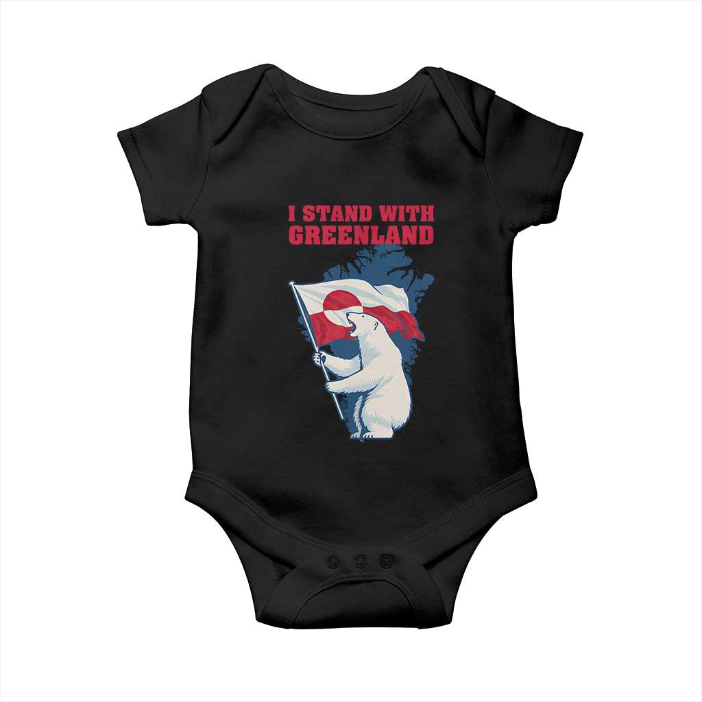 I Stand With Greenland Patriotic Baby Onesie Polar Bear Holding Flag Over Map TS02 Black Print Your Wear