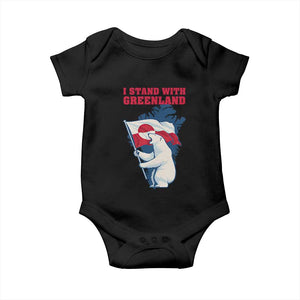 I Stand With Greenland Patriotic Baby Onesie Polar Bear Holding Flag Over Map TS02 Black Print Your Wear