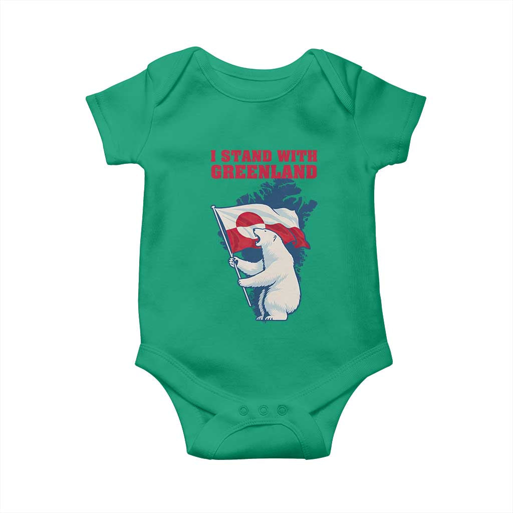 I Stand With Greenland Patriotic Baby Onesie Polar Bear Holding Flag Over Map TS02 Irish Green Print Your Wear