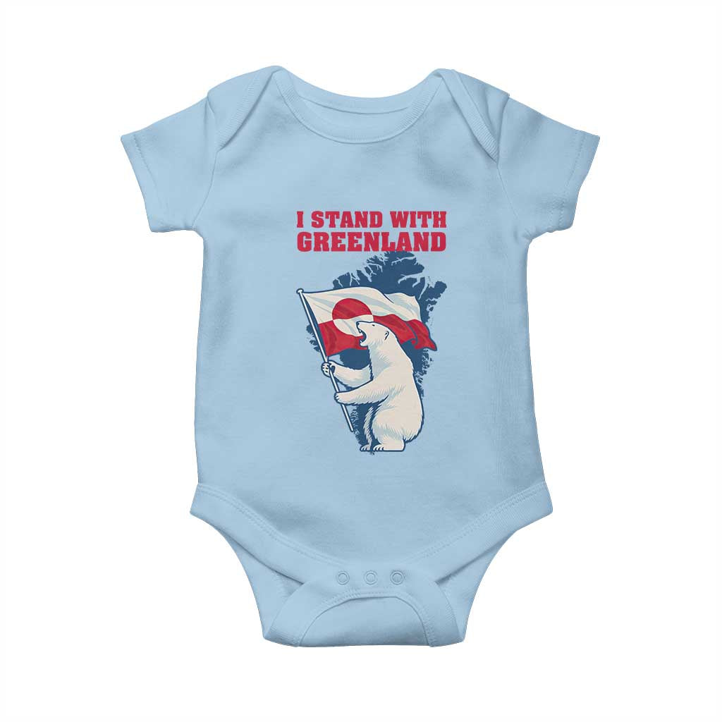 I Stand With Greenland Patriotic Baby Onesie Polar Bear Holding Flag Over Map TS02 Light Blue Print Your Wear