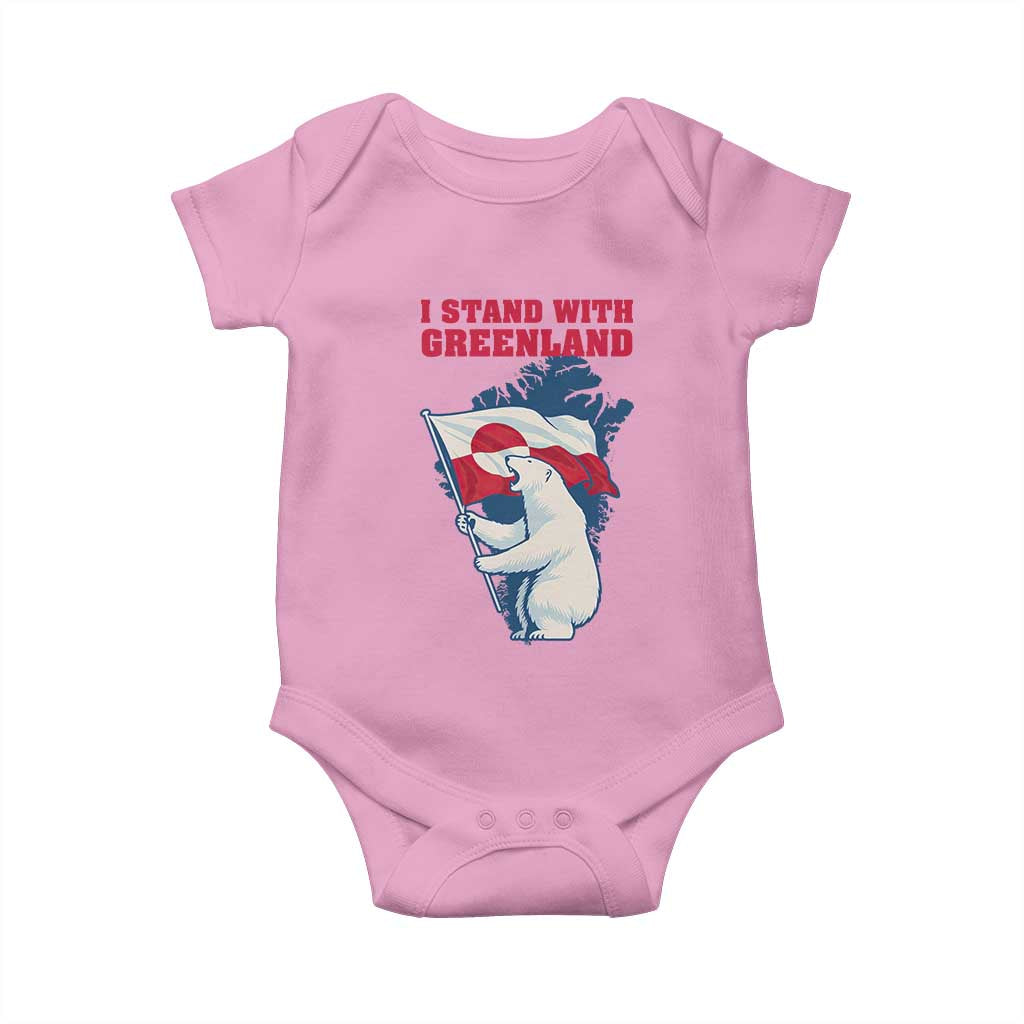 I Stand With Greenland Patriotic Baby Onesie Polar Bear Holding Flag Over Map TS02 Light Pink Print Your Wear