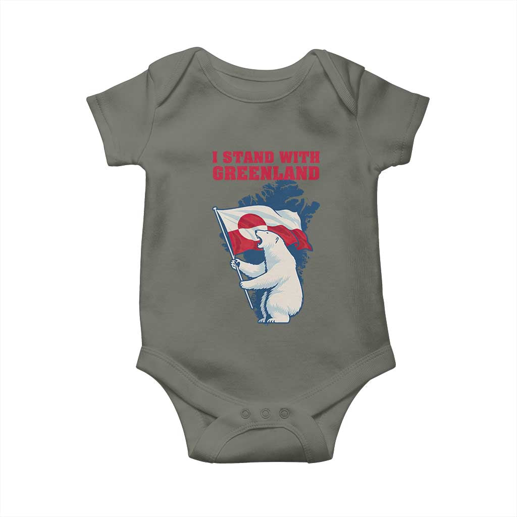 I Stand With Greenland Patriotic Baby Onesie Polar Bear Holding Flag Over Map TS02 Military Green Print Your Wear