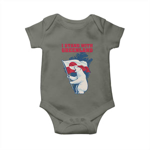 I Stand With Greenland Patriotic Baby Onesie Polar Bear Holding Flag Over Map TS02 Military Green Print Your Wear