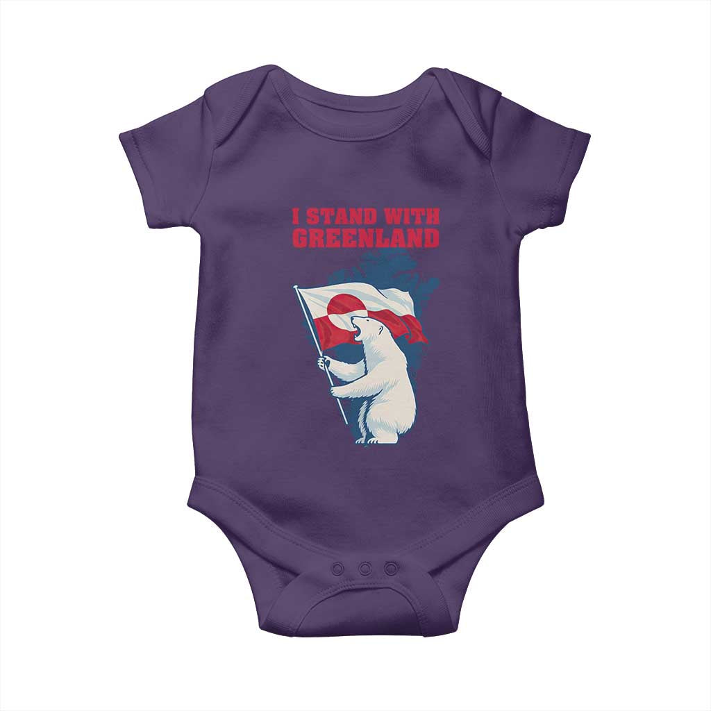 I Stand With Greenland Patriotic Baby Onesie Polar Bear Holding Flag Over Map TS02 Purple Print Your Wear